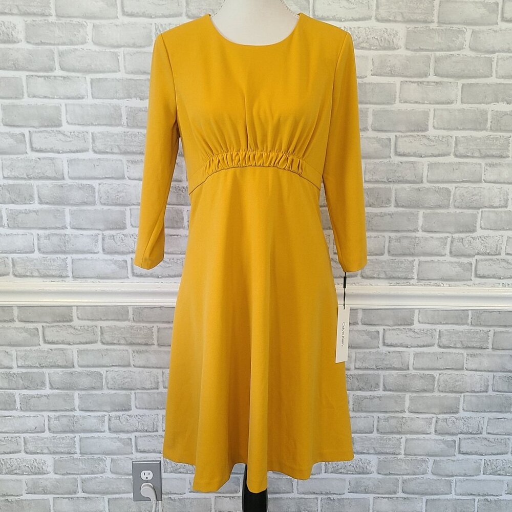 Calvin Klein Yellow A-line Dress Cinched Empire Waist NEW 14 Career Quiet Luxury